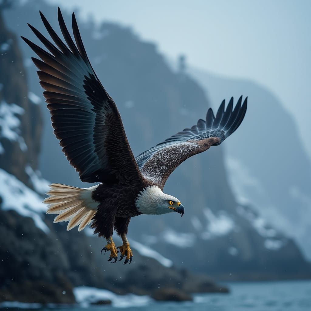 Majestic Sea Eagle Soars Above Winter Shoreline