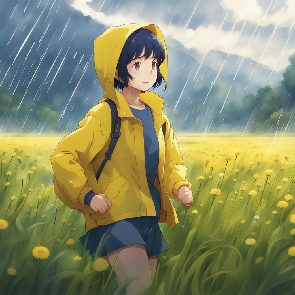 Girl in Yellow Raincoat, Studio Ghibli Style