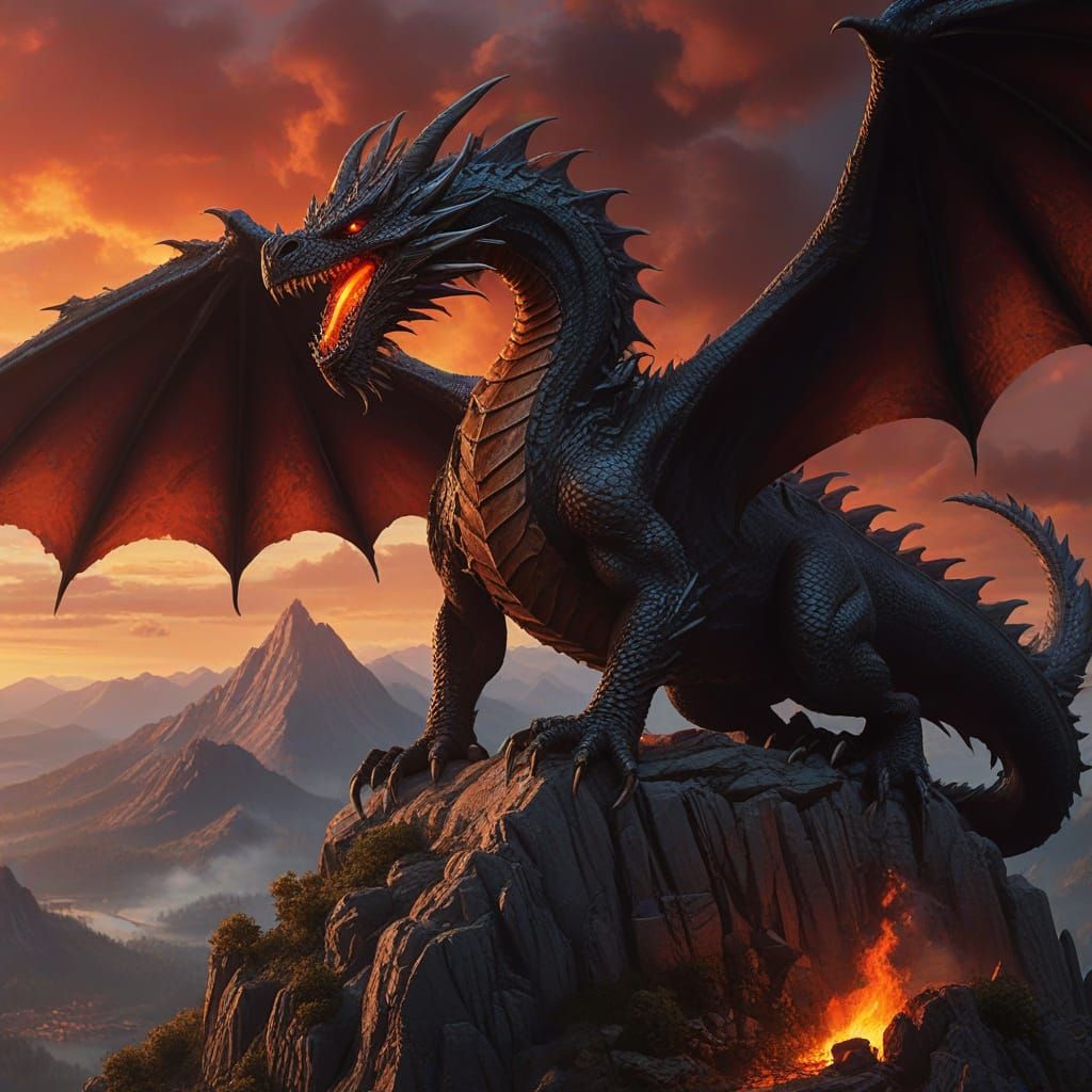 Fearsome Black Dragon Overlooking Burning Village