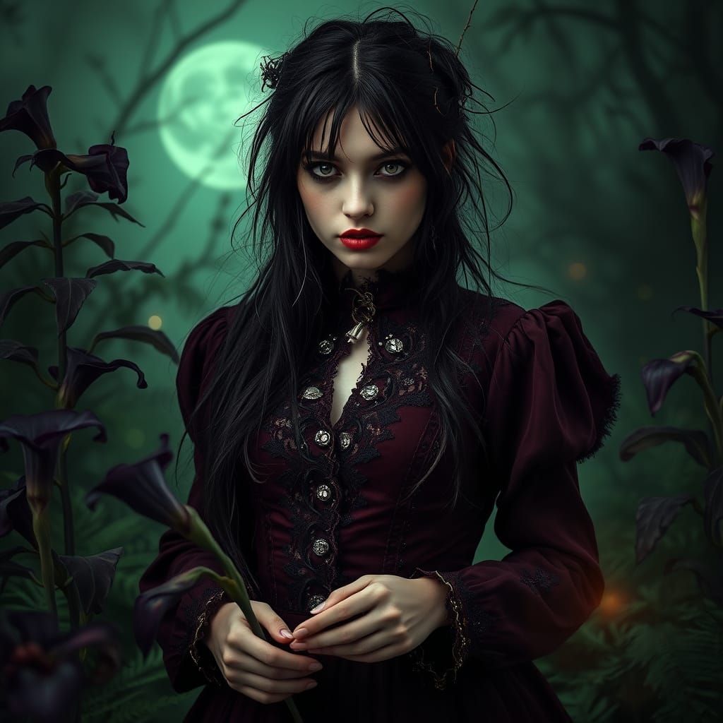Enchanted Victorian Witch in a Moonlit Garden