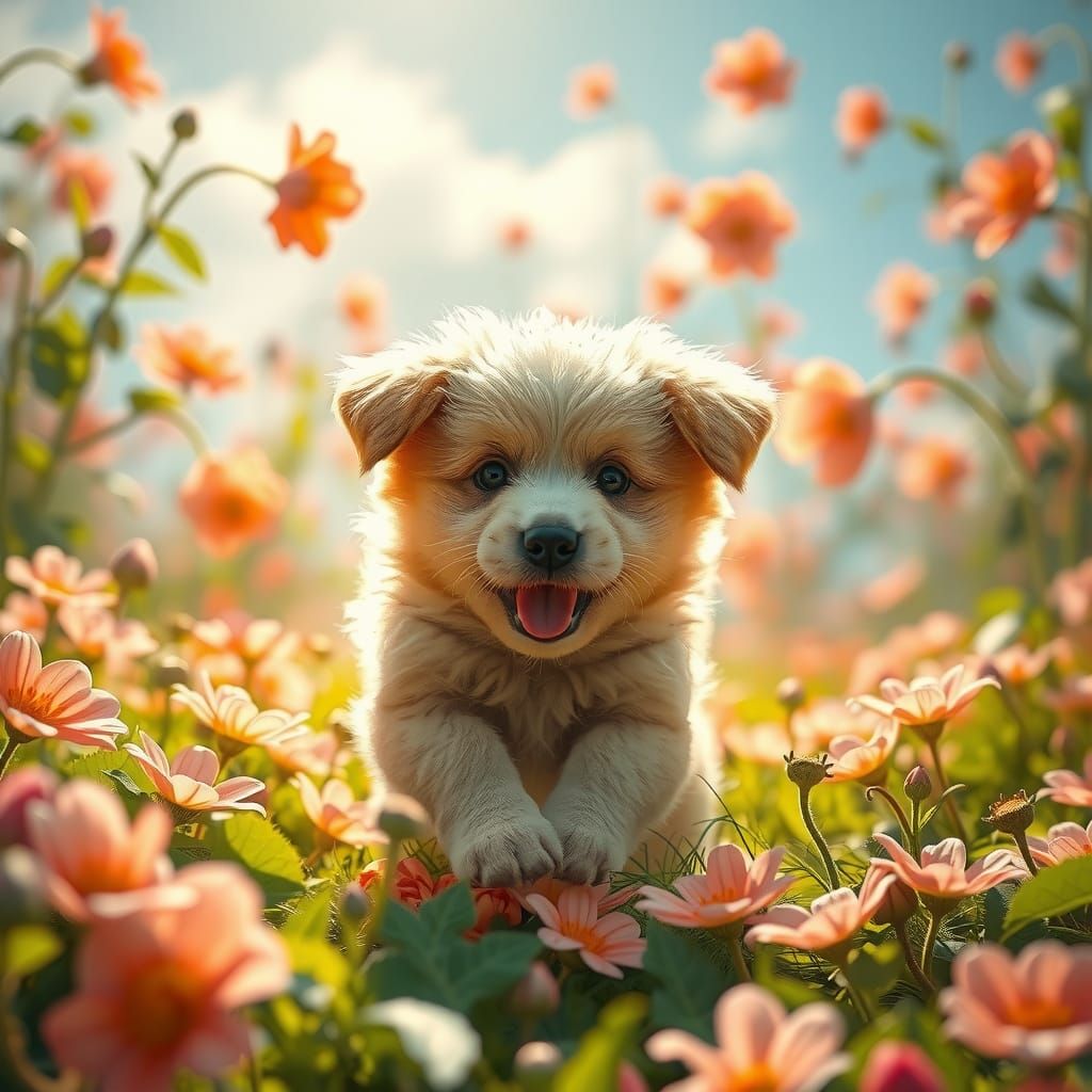Puppy Frolics in Dreamlike Flower Field