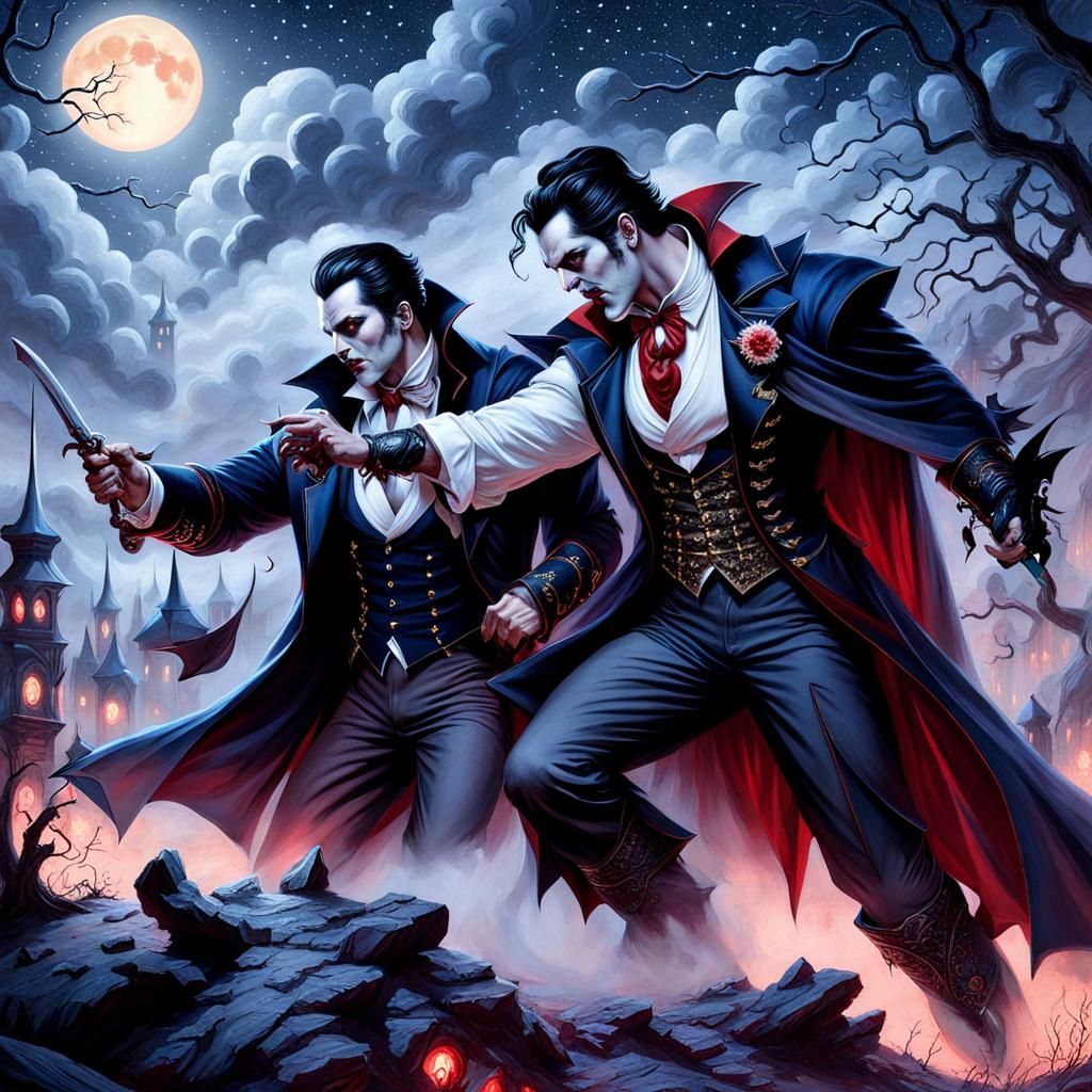 Vampire Battle Under Steampunk Moonlit Sky