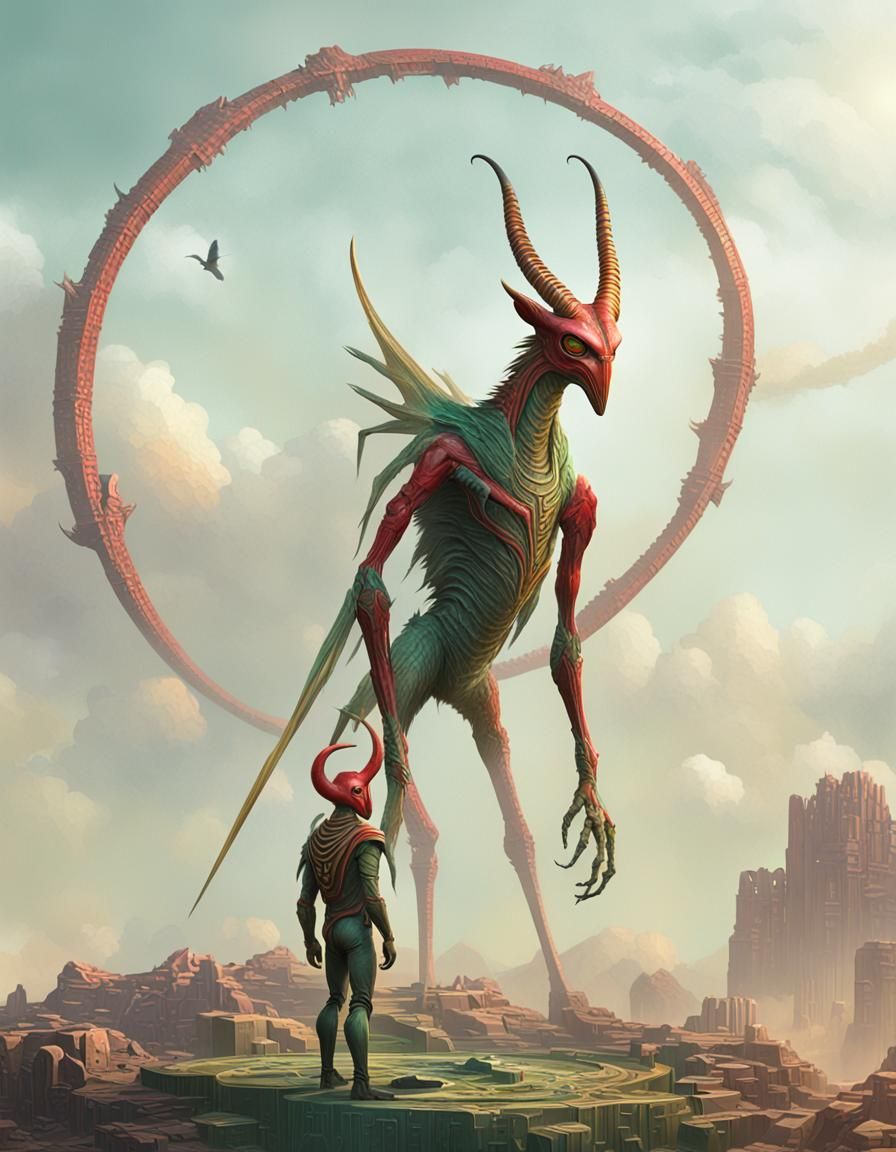 Red Alien Humanoid in Circular Ruins