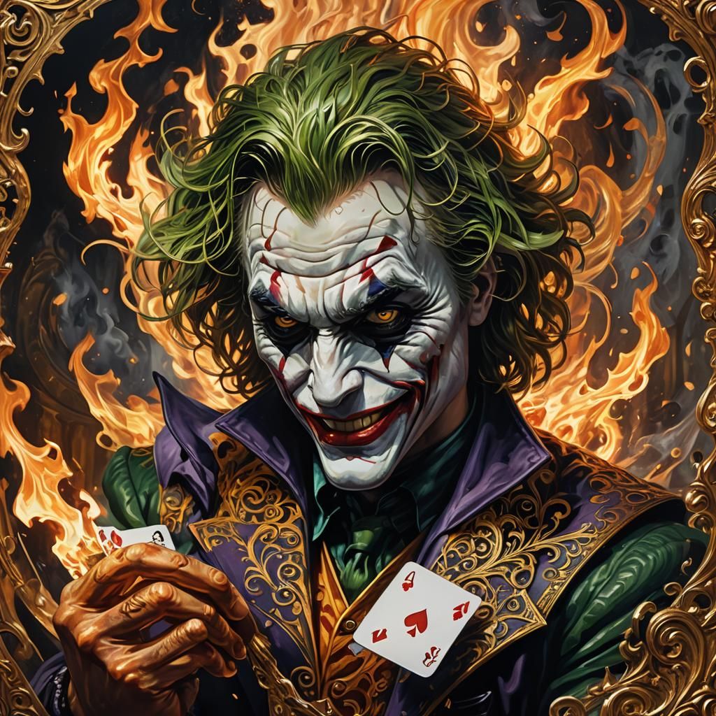Mystical Joker Card in Flame Tendrils, Detailed Oil Painting