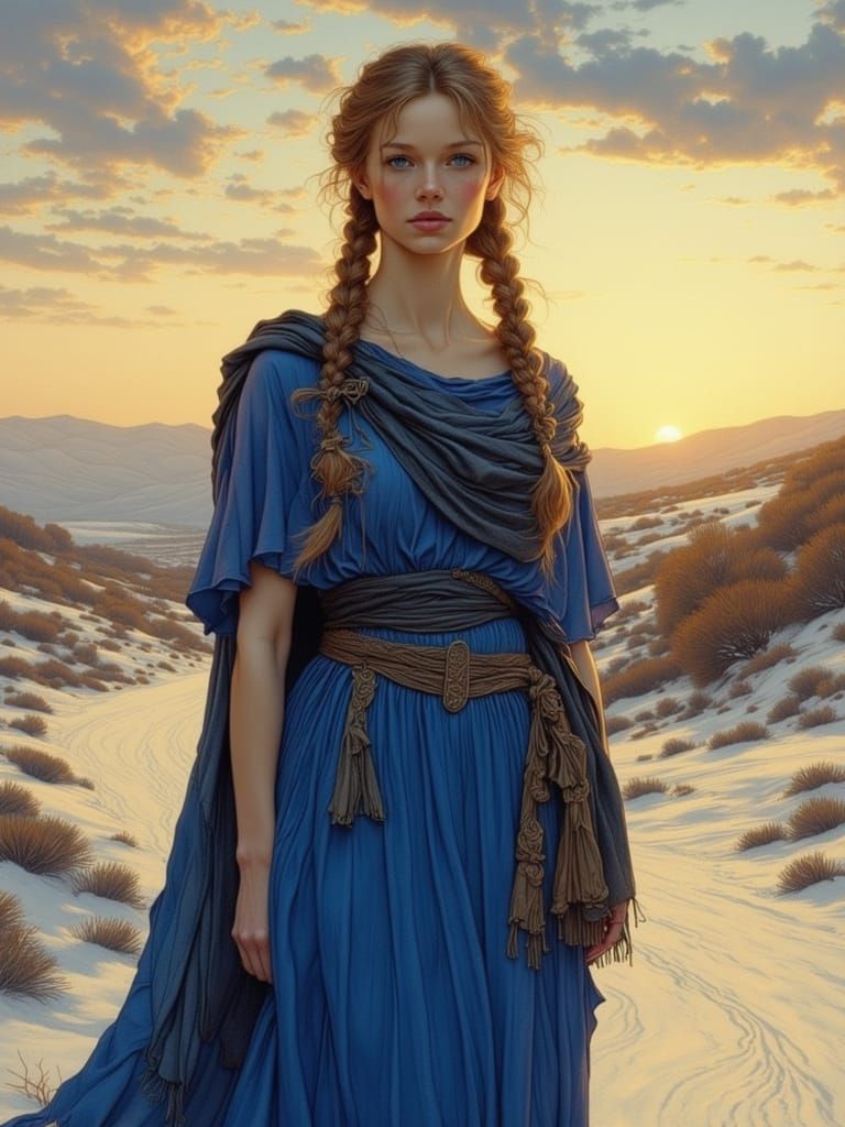 Golden Haired Woman in Blue Chiton at Sunset