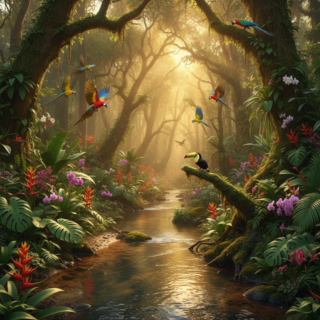 Vibrant Rainforest at Golden Hour with Tropical Birds