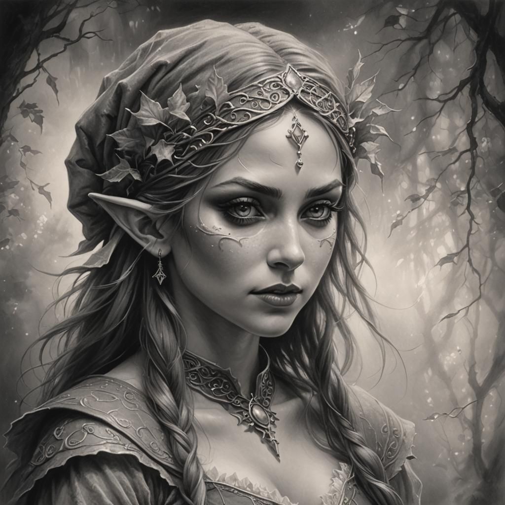 Ethereal Elf in Charcoal Drawing