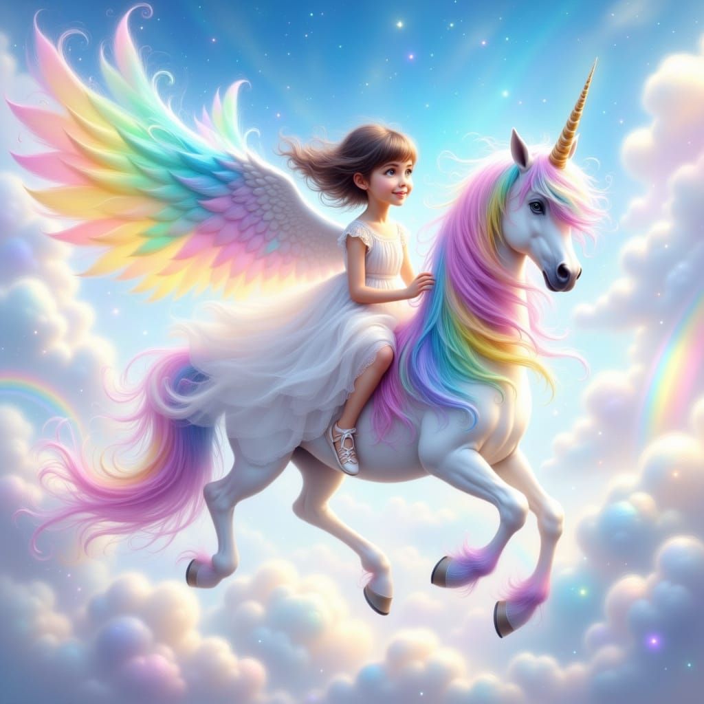 Whimsical Girl Flies on Rainbow Unicorn in a Vibrant Fantasy...