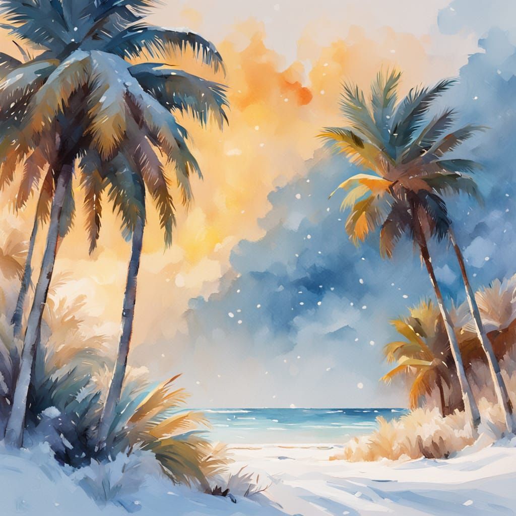 Snowy Beach with Palm Trees in Gouache Style