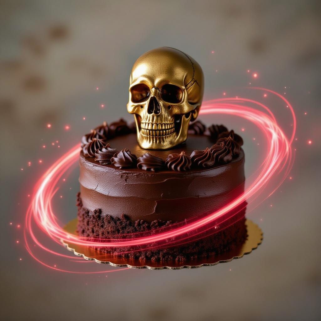 Dark Chocolate Cake with Gold Skull and Red Magic Swirl