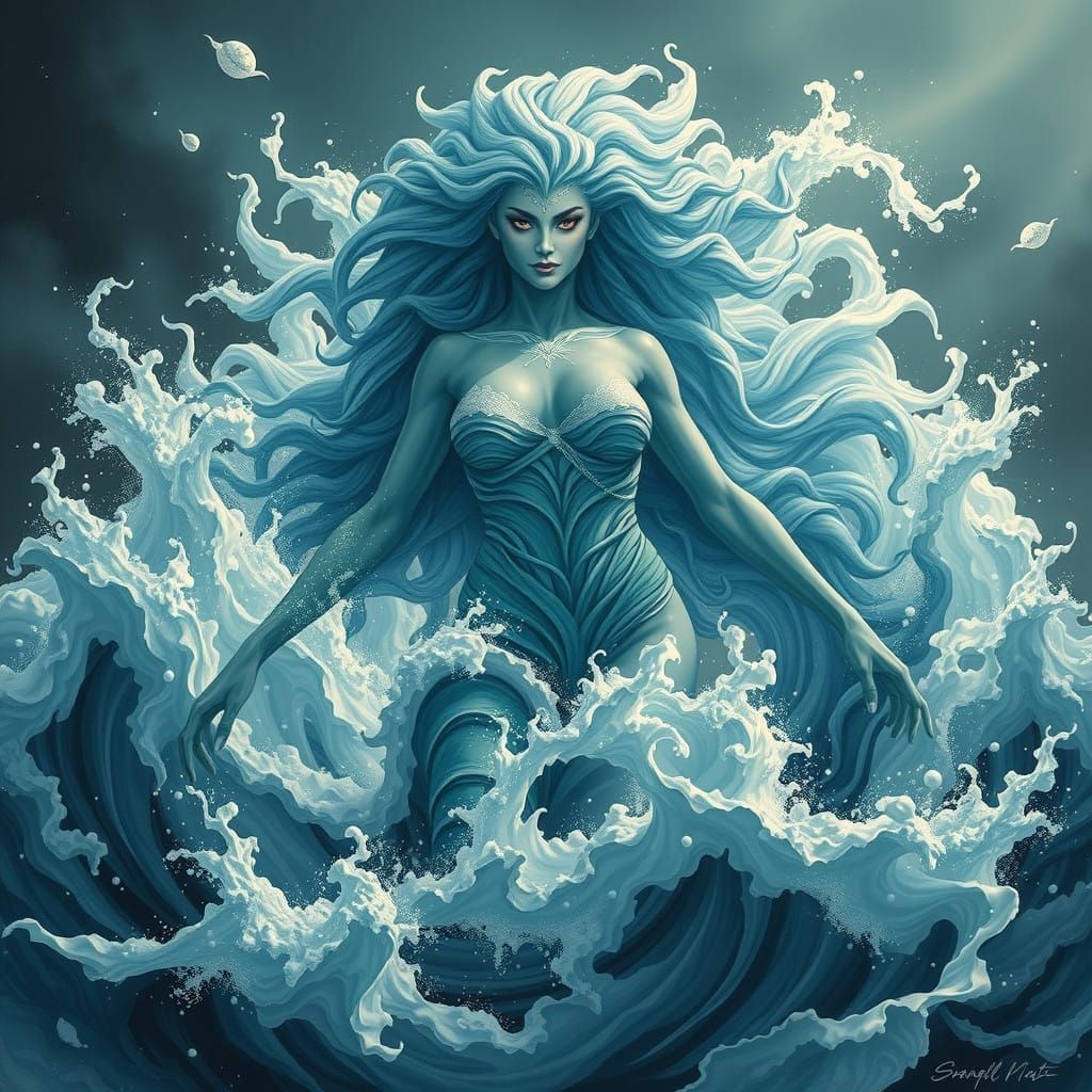 Serenely Furious Sea Goddess Confronts Turbulent Tempest