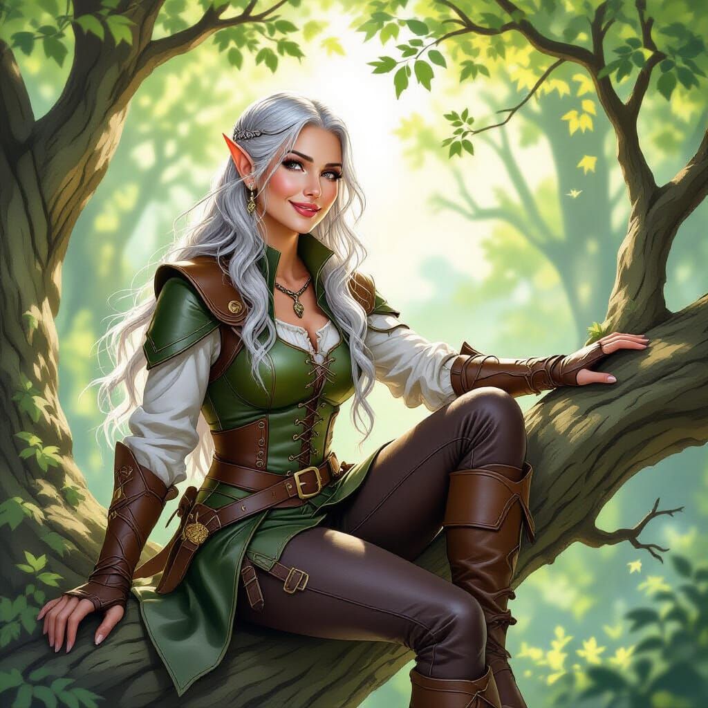 Elf in Sun-Kissed Forest, Storybook Watercolor Style