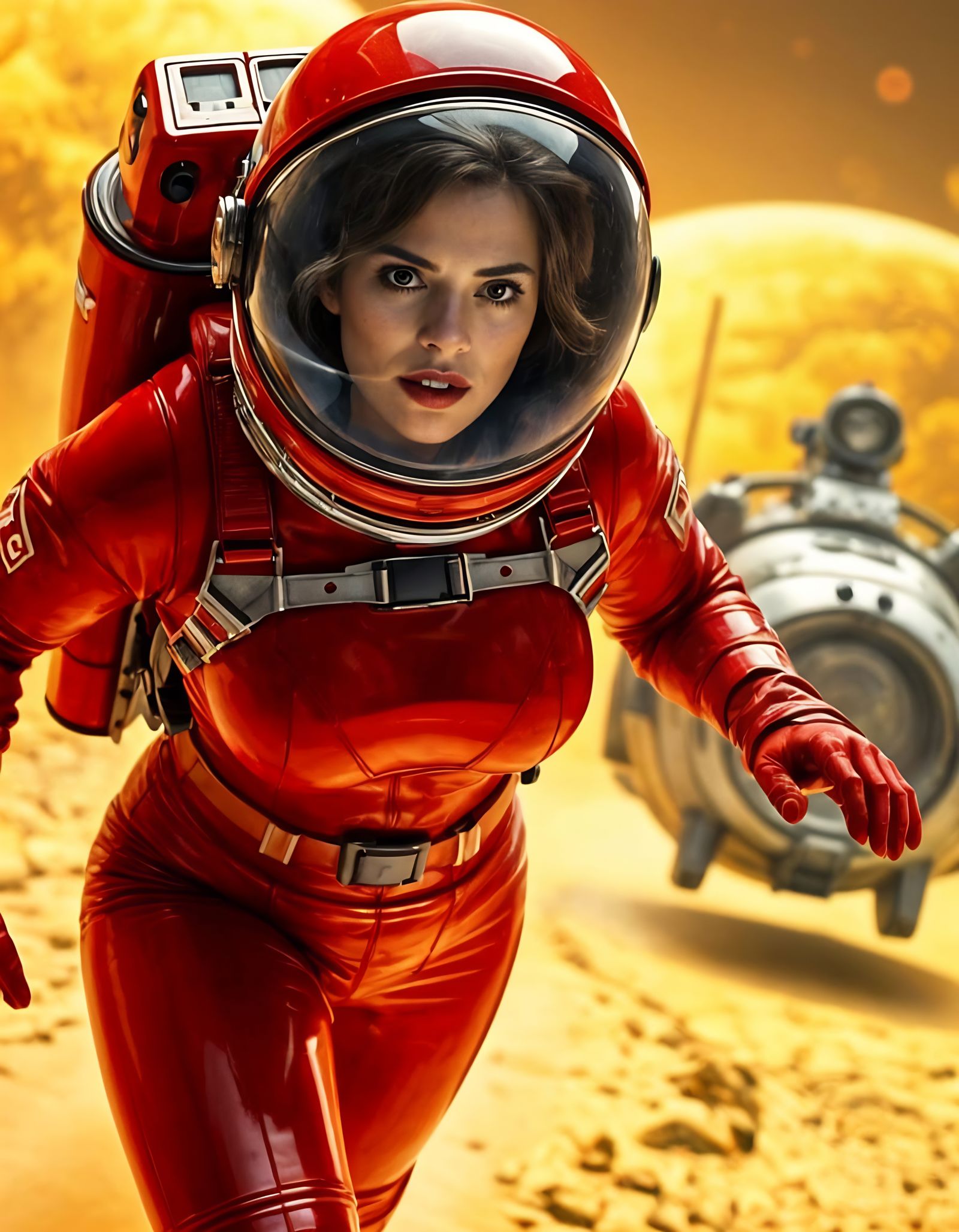 Astronaut Hayley Atwell running away from danger in a red spacesuit