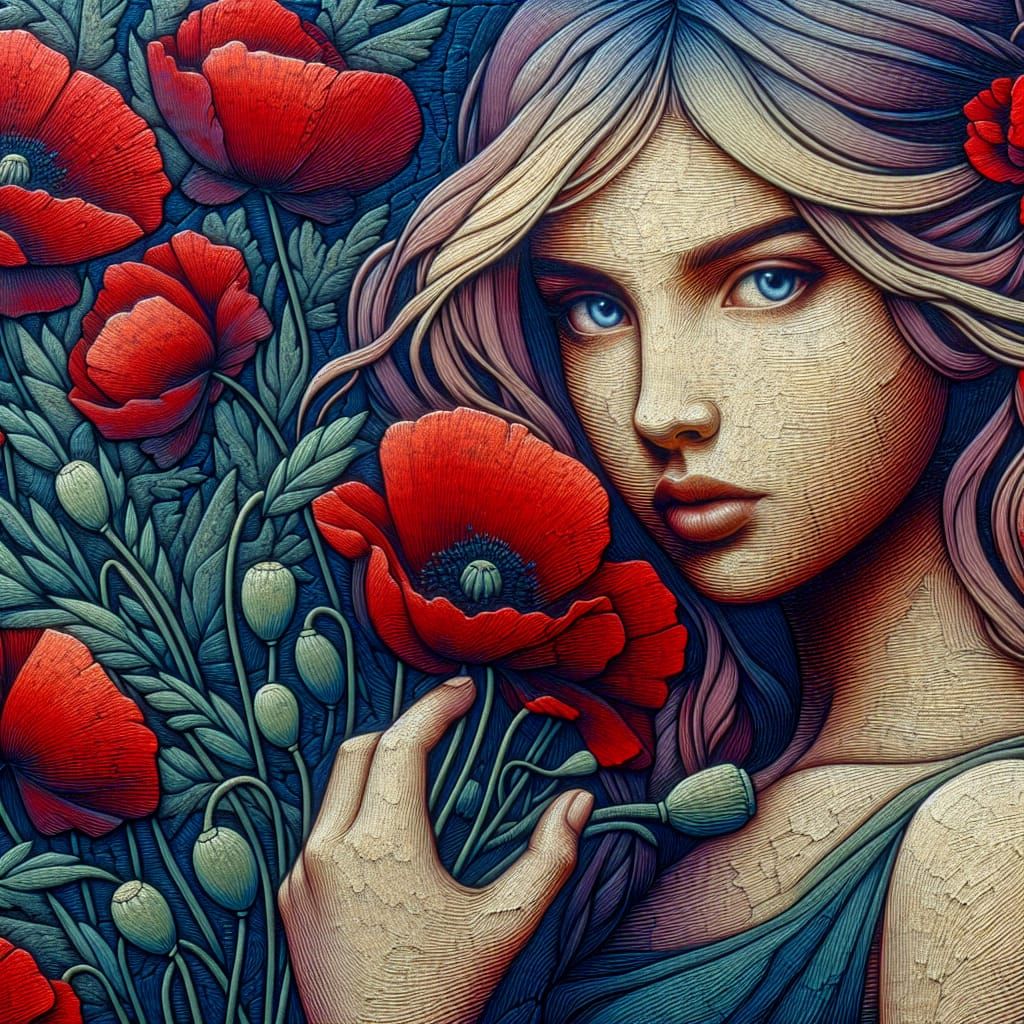 Woman with Poppies in Sgraffito Style Oil Painting