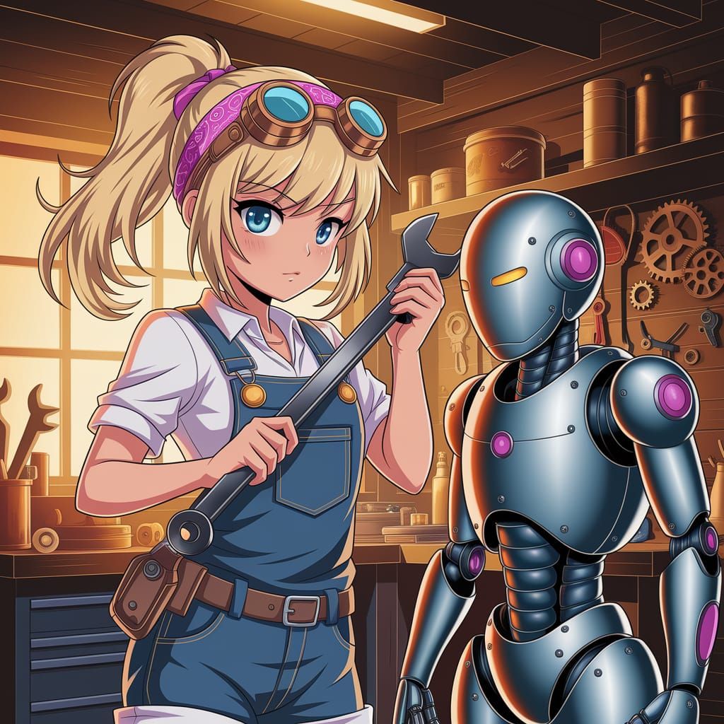 Anime Girl Repairs Robot in Cozy Steampunk Garage