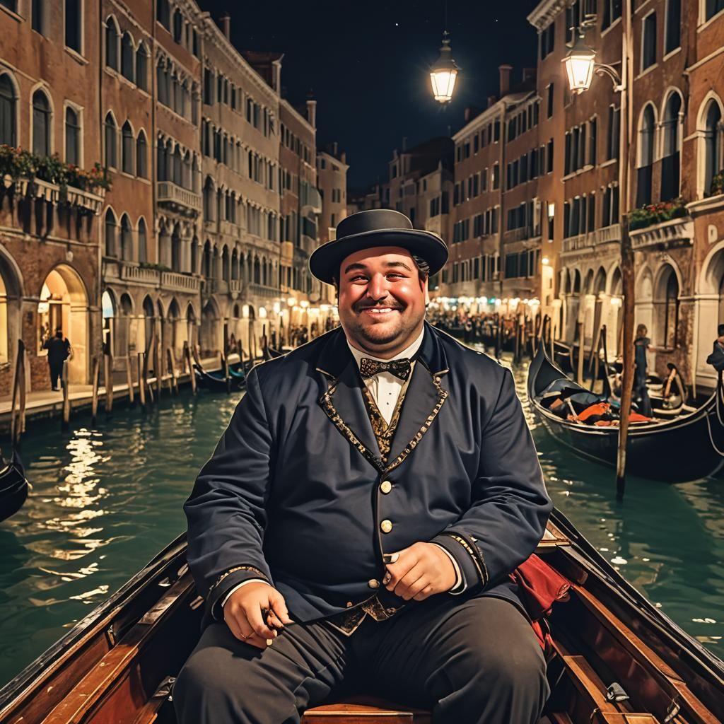 Chubby guy in a gondola in Venice at night. He is wearing a ...