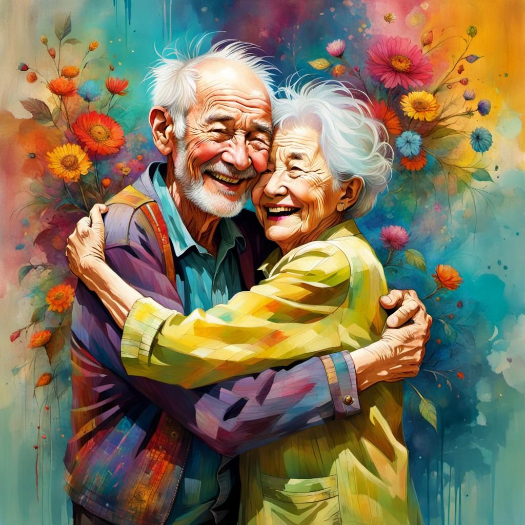 Laughing Elderly Couple in Art Brut Style