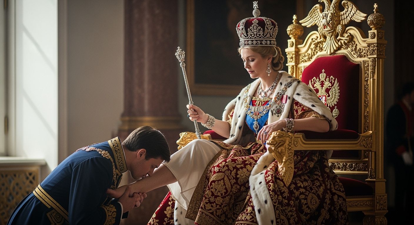 Russian Tsarina Barefoot on Throne with Courtier