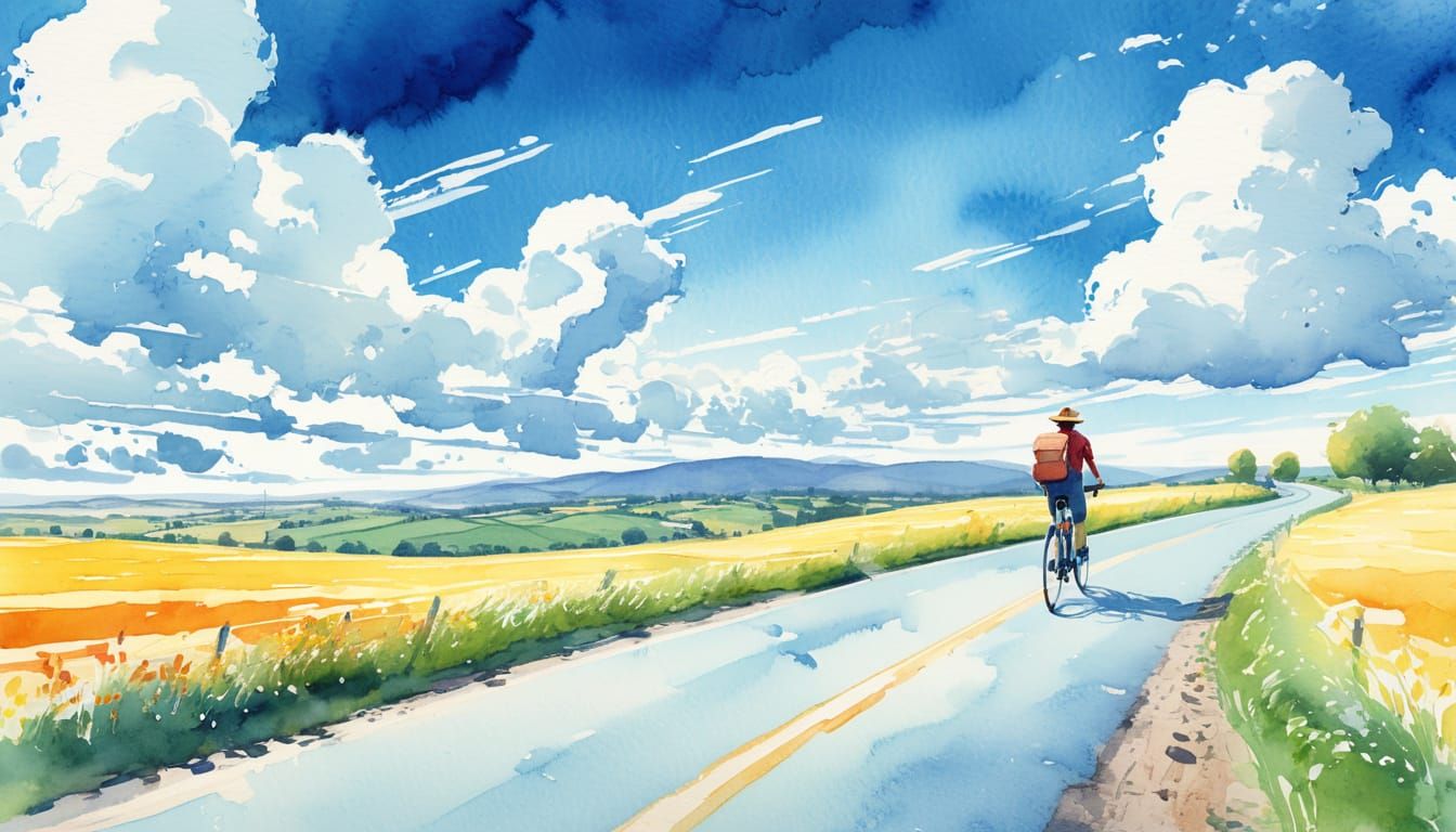 Vibrant Watercolor Bicycle Ride Through Rolling Hills