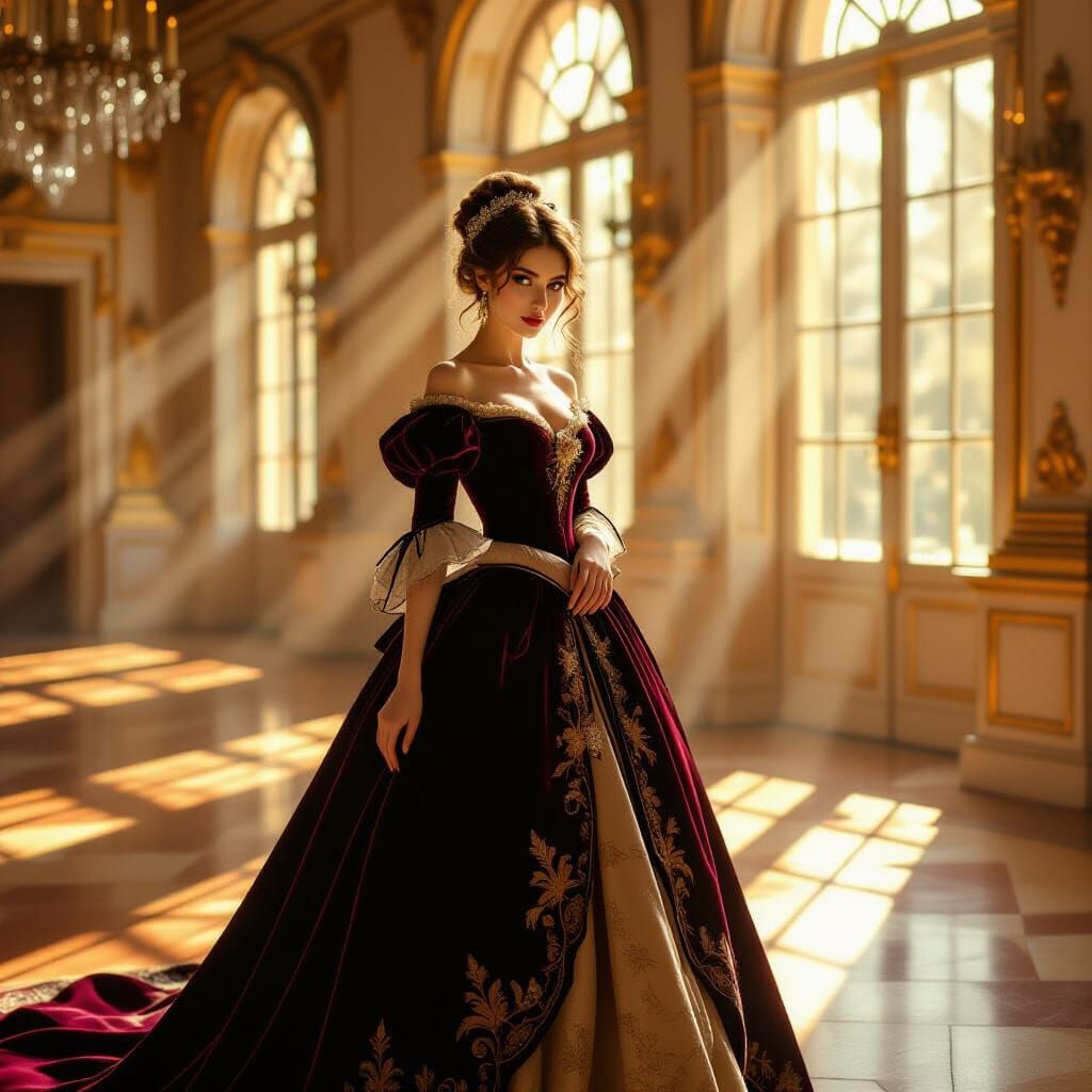 Baroness in Ornate Ballroom, Romantic Realism Style