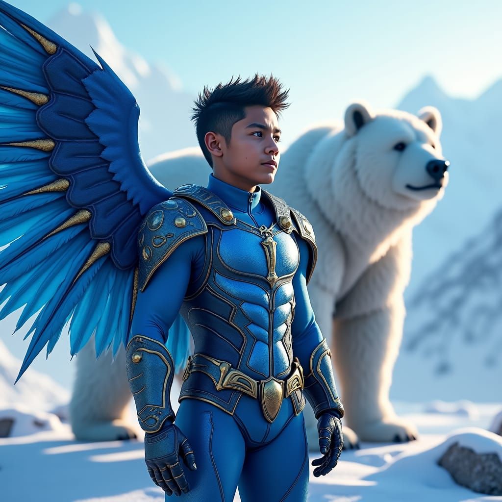 Teen Superhero in Blue Beetle Suit with Norse Bears