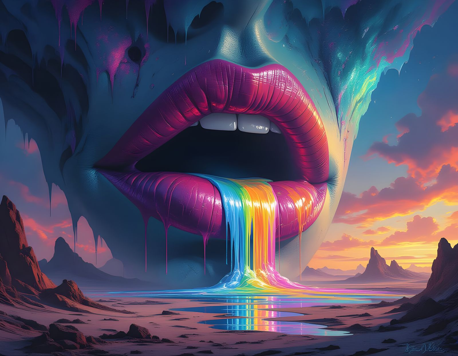 Surreal Mouth Dripping Paint on Alien Landscape