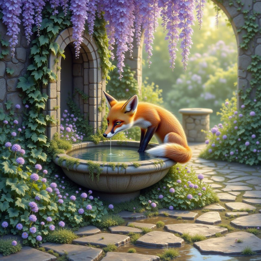Young Fox Drinks From Mossy Fountain in Fairytale Garden