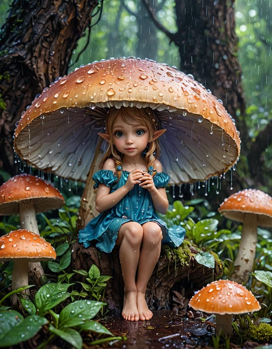 Luminous Fairy Sheltering from Rain, Detailed Illustration