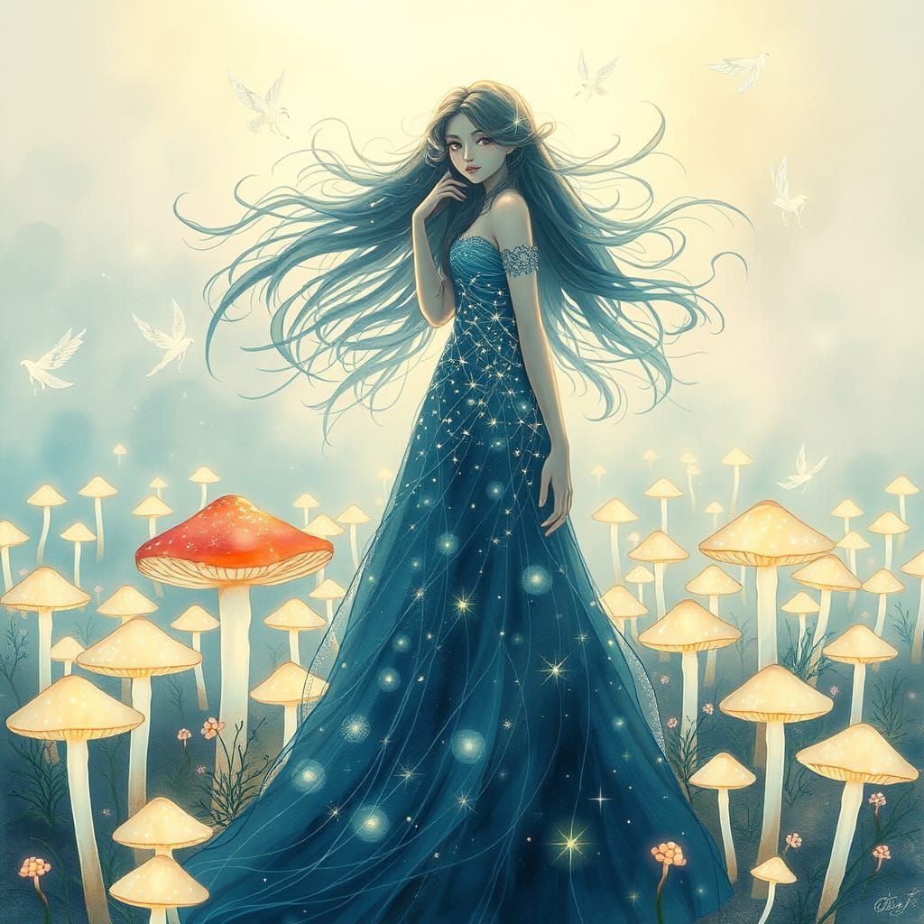 Mystical Woman Amidst Glowing Mushrooms in Ethereal Dreamsca...