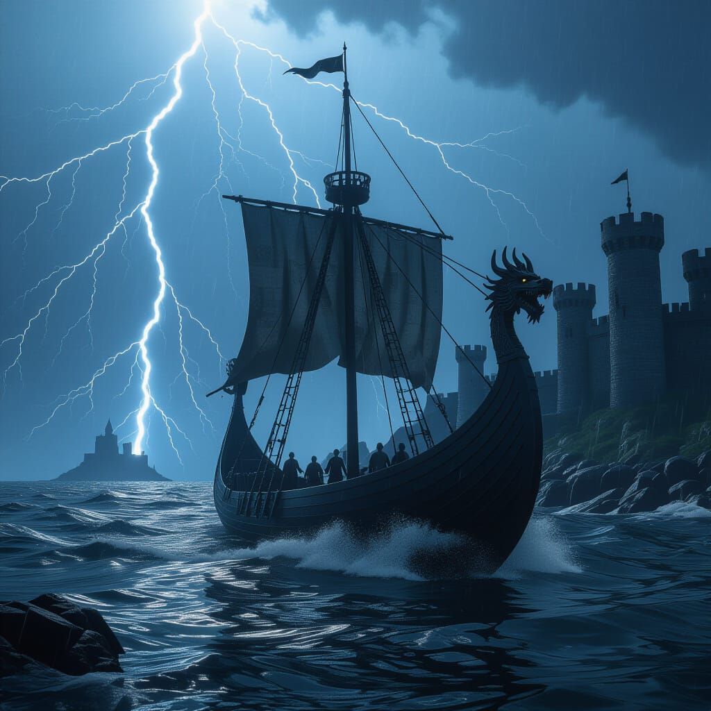 Viking Ship in Lightning Storm, Film Noir Style