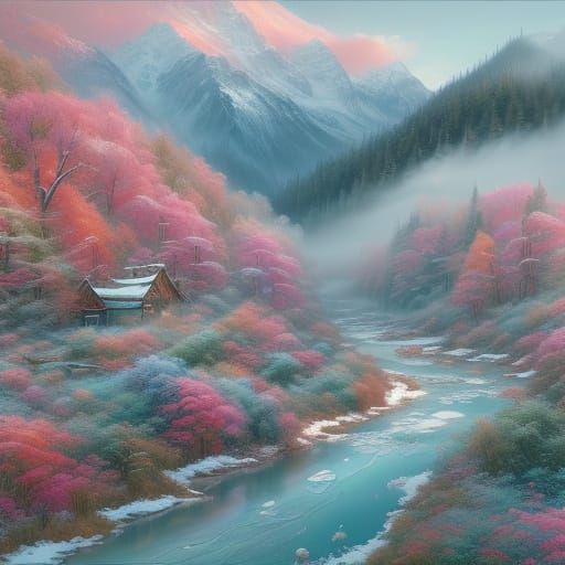 Ethereal Winter Landscape with Blooming Trees and Frozen Riv...
