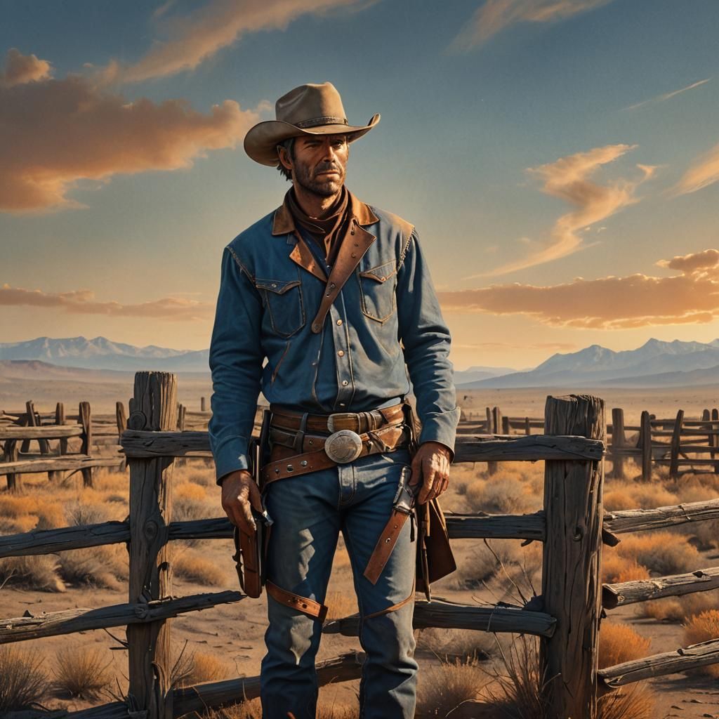 Worn Cowboy with Six-Shooter in Western Style