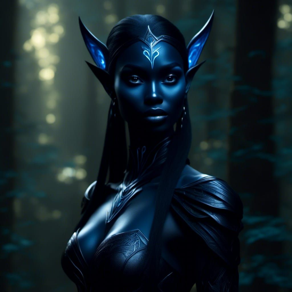 Female drow elf witch with skin of a matte black so dark it seems to be a shadow of itself, in dark forest <lora:Gridrun...