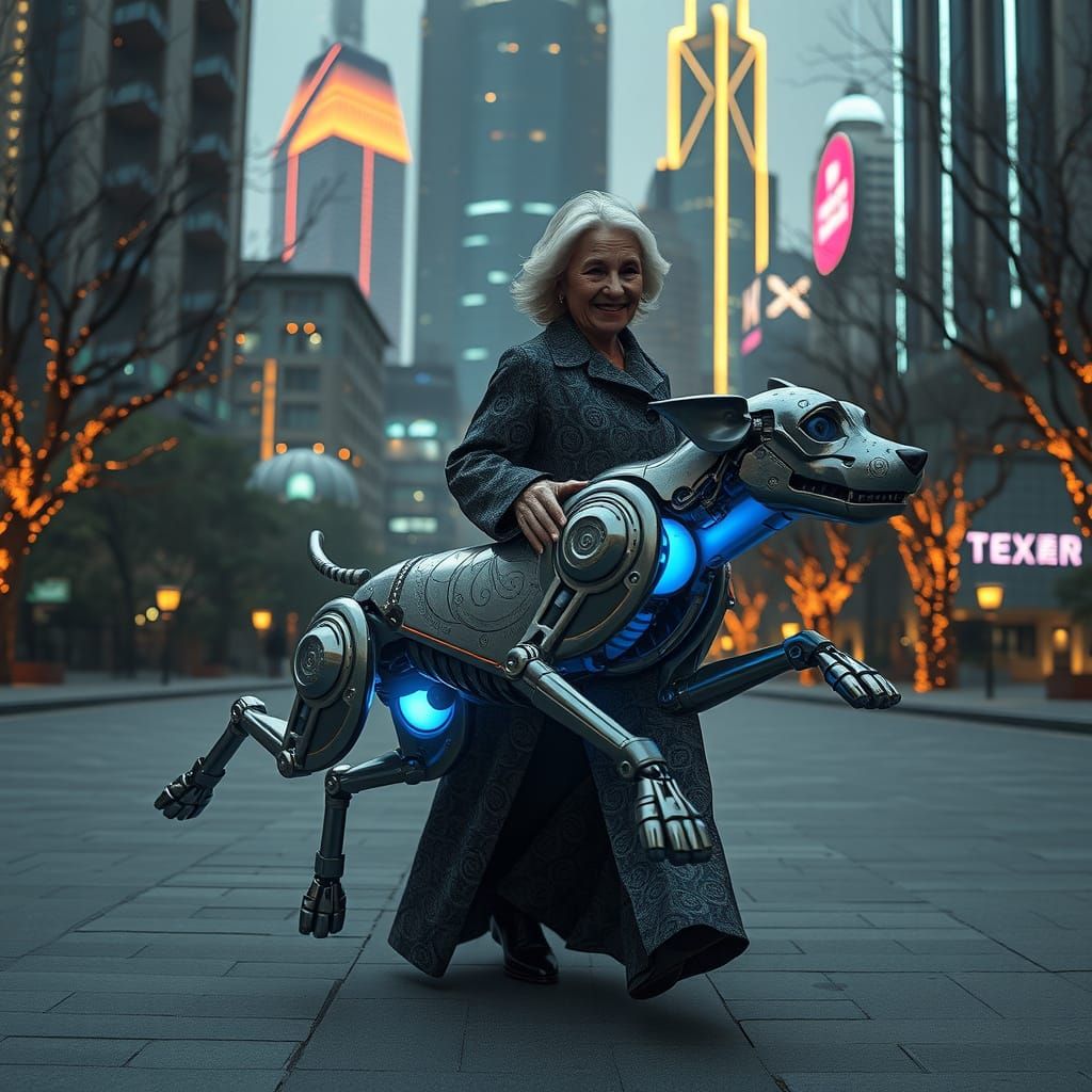 Serene Cyberpunk Scene with Elderly Woman and Mechanical Dog