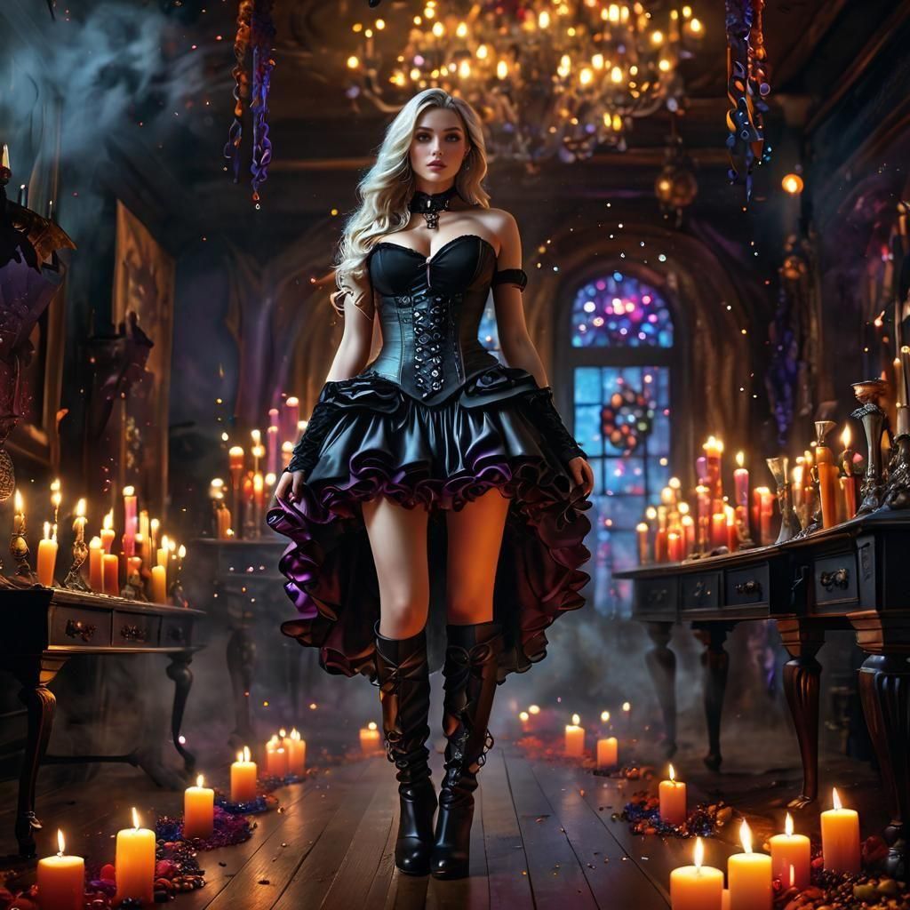 Enchanting Witch Amidst Swirling Magic Orbs