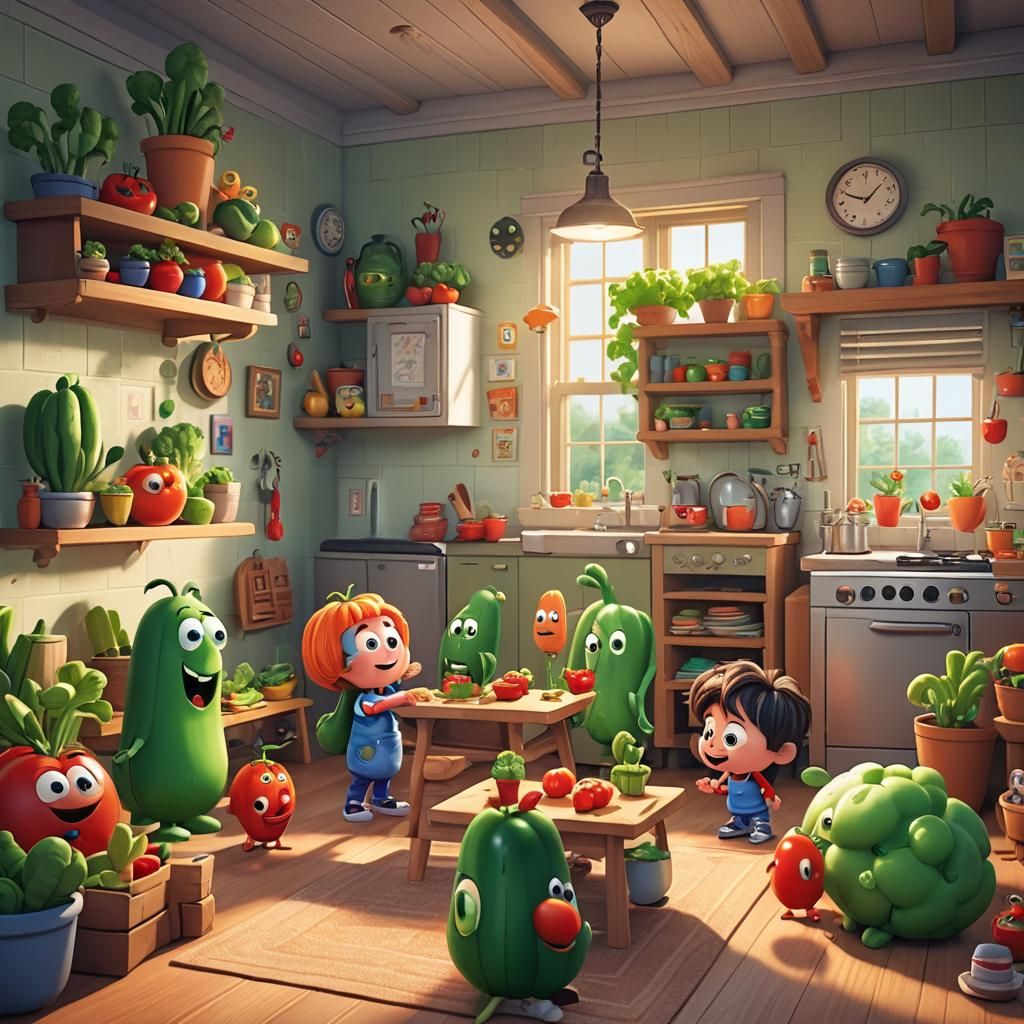Chibi Veggie Tales Characters in Home Scene