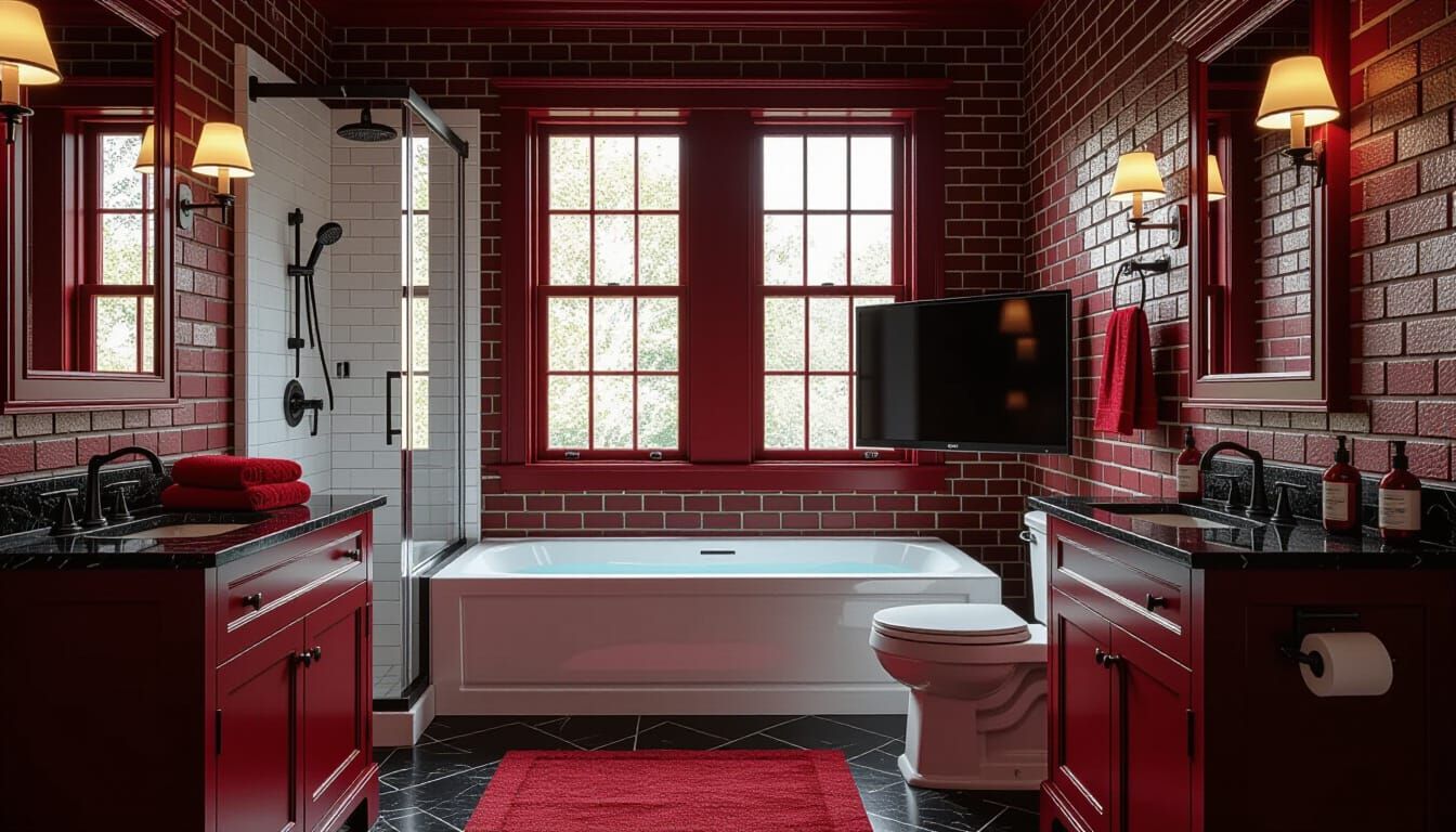 Victorian Bathroom with Dark Red and Brick Accents