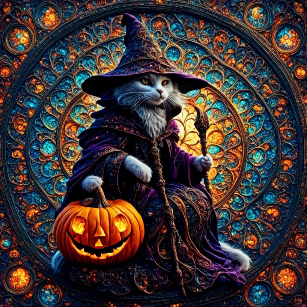 Fantasy Witch Rides Broomstick in Stained Glass Style