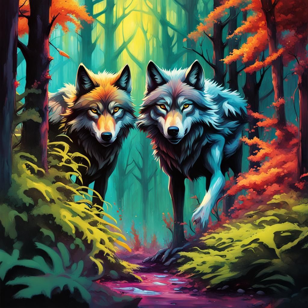 Wolves Stalking in Fantasy Forest Graffiti Art