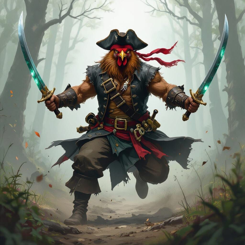 Chicken Pirate Charging into Battle with Emerald Swords