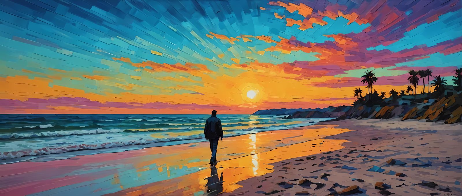 Heartbroken Man on Beach in Cyberpunk Impressionism