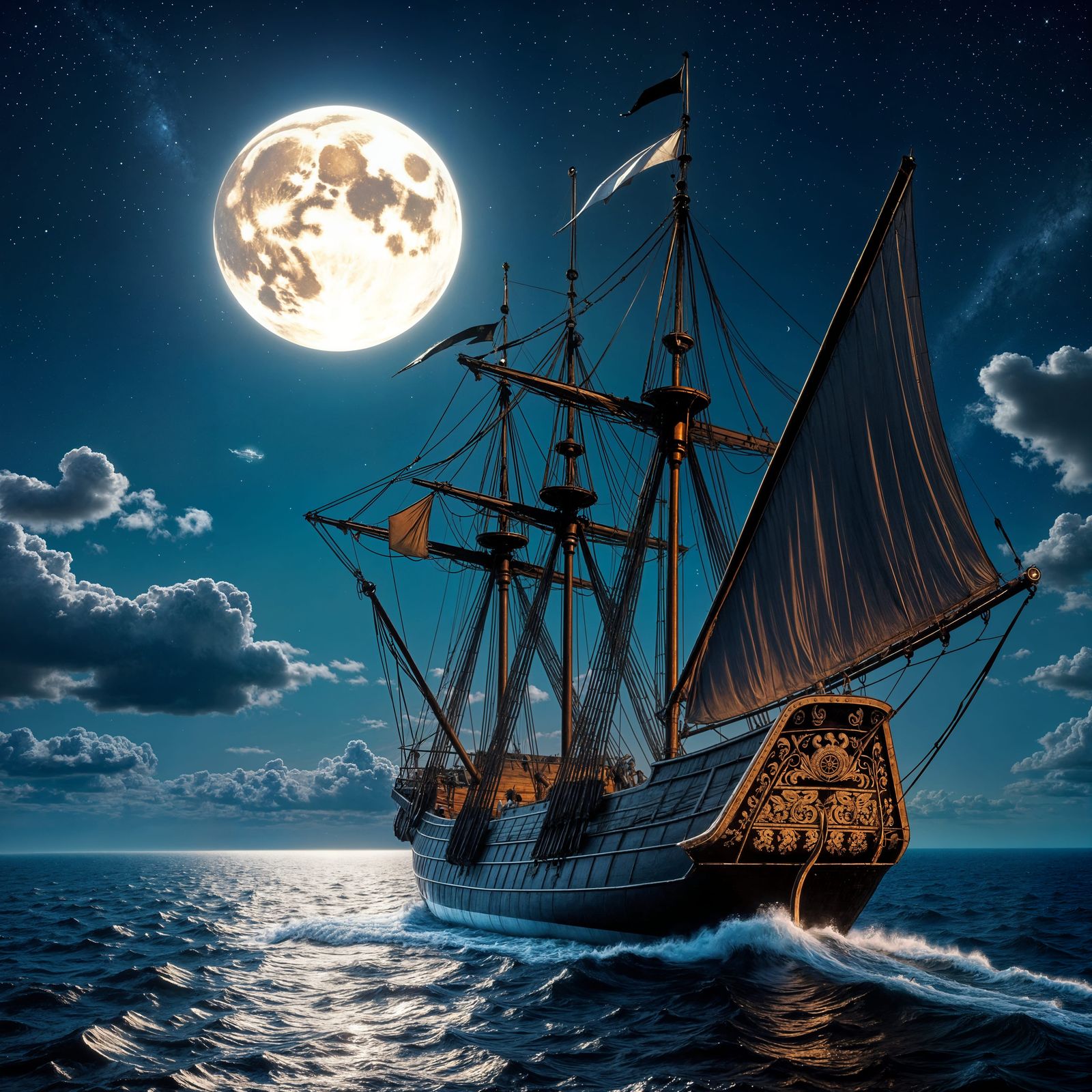 Pirate Ship Sails Under Giant Moonlit Sky