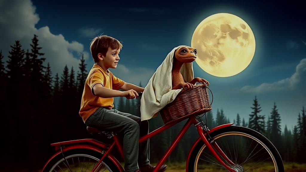 E.T. Flying on a Red Bike Under a Full Moon
