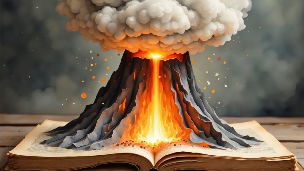 Erupting Volcano in Vintage Pop-Up Book
