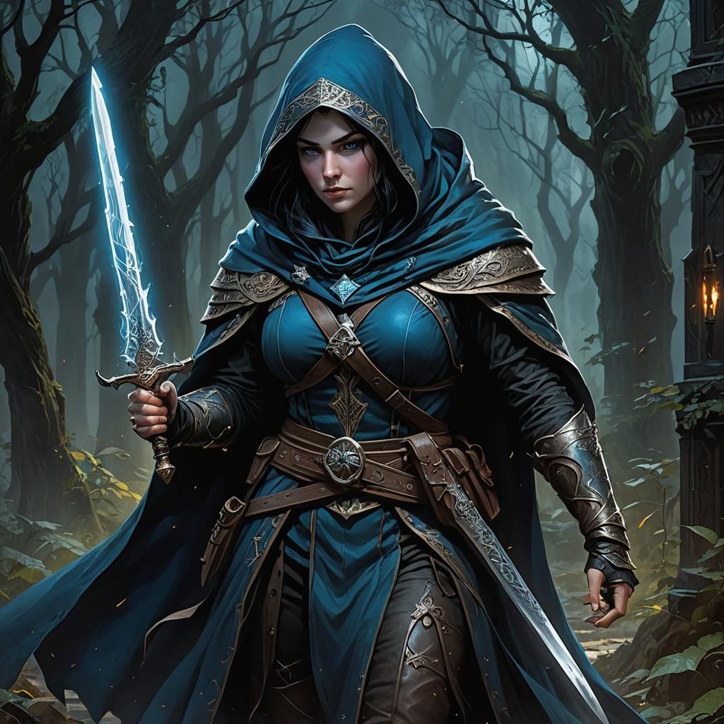 Mysterious Half-Elf Rogue with Daggers, Fantasy Art