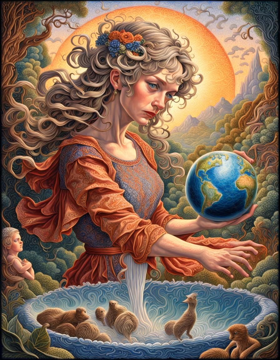 Dramatic Mother Figure in Whimsical Folk Art Style