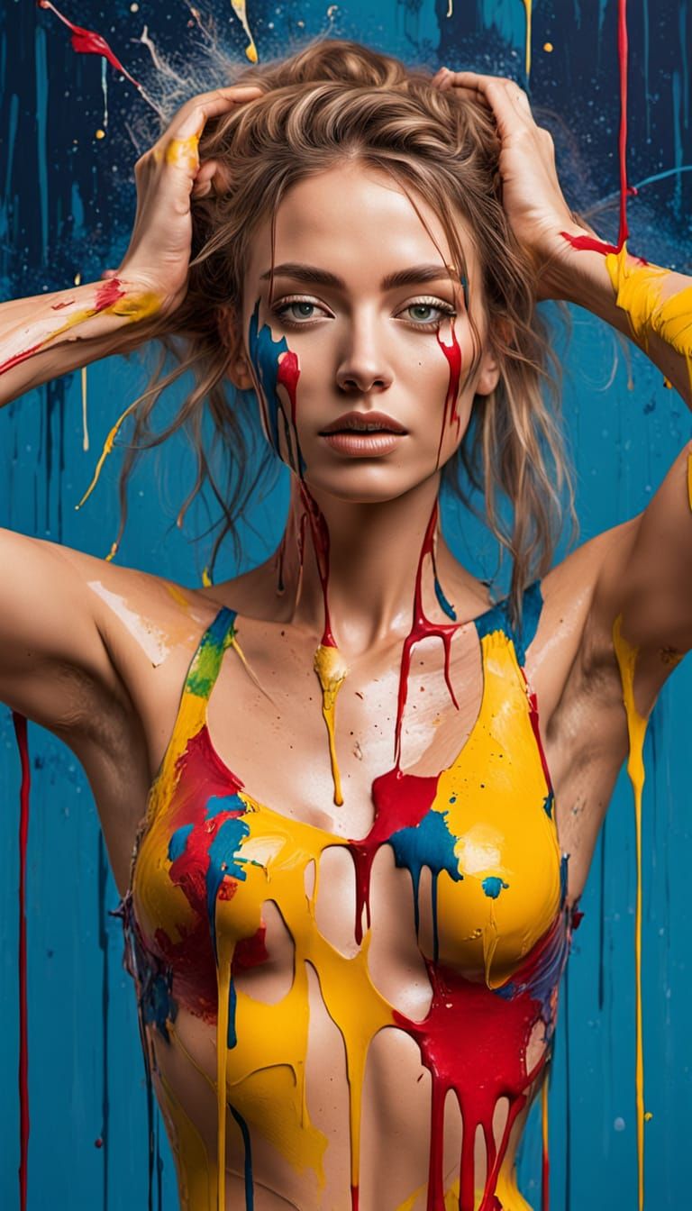 Expressionist Woman in Shower of Dripping Paint
