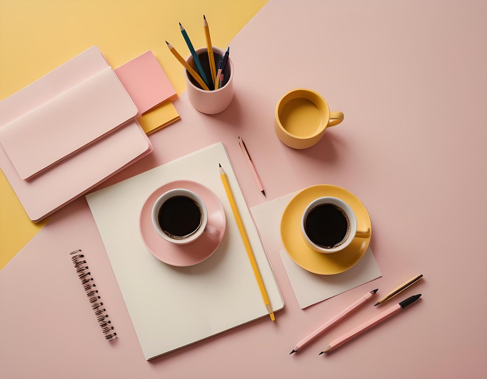 Coffee Cup and Stationery on Desk, Pink Background