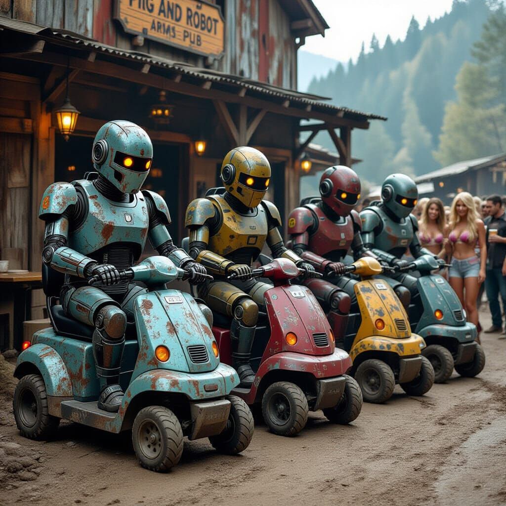 Cyberpunk Robots Arrive at Village Pub