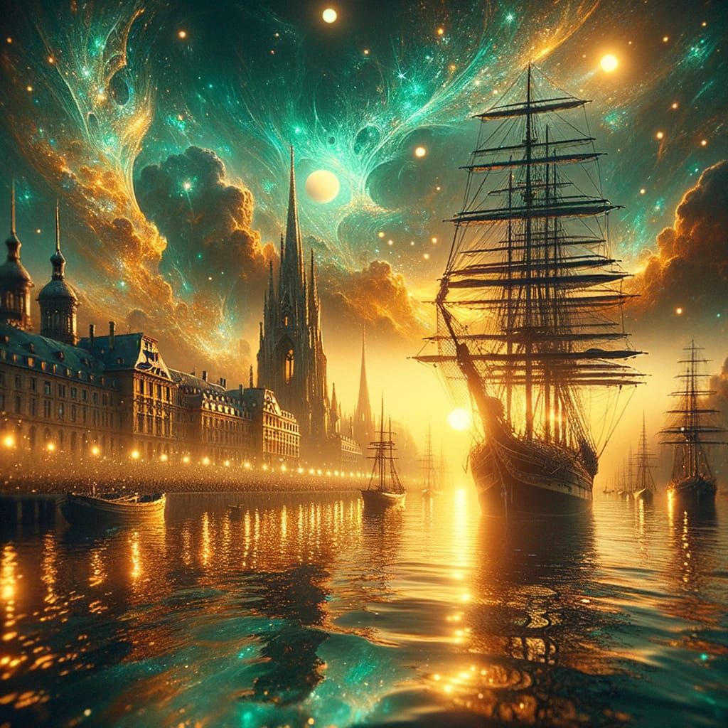 Golden Sunset: Sailing Ships in a Magical Harbor